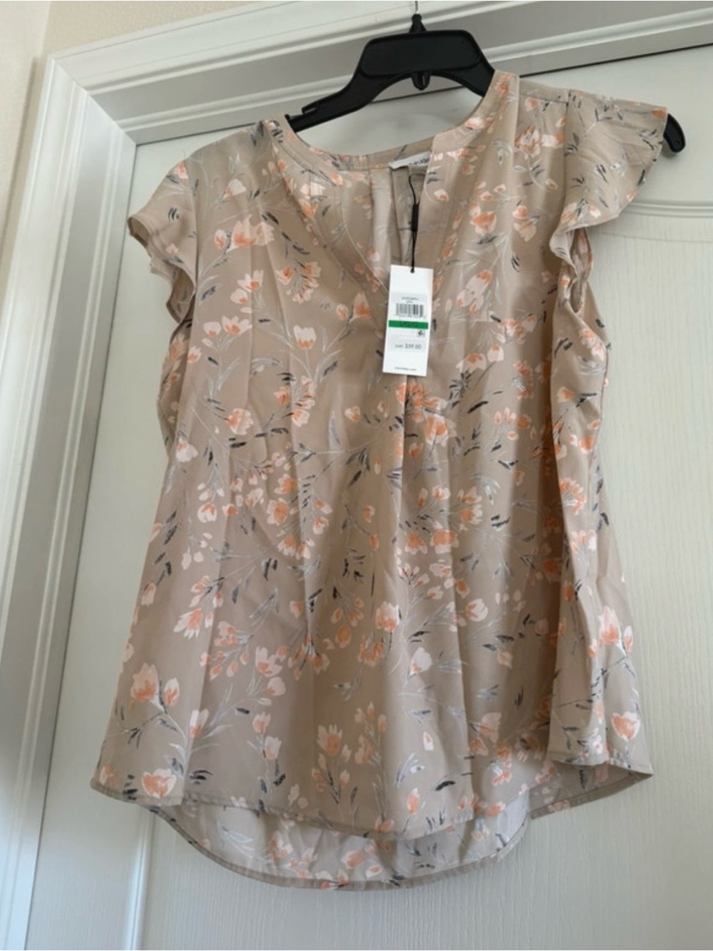 Calvin Klein Beige Floral Flutter Sleeve Blouse with Peach Accents